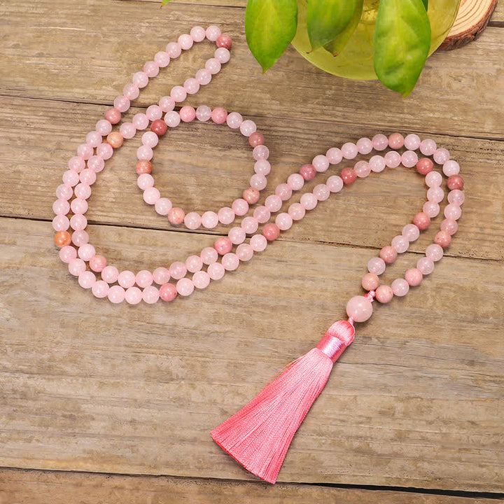 Bracelet Mala 108 perles en cristal rose avec pompon d'amour Buddha Stones