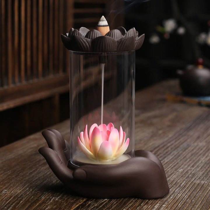 Buddha Stones Main de Bouddha Lotus Illumination Lumière LED Brûleur d'encens en céramique en argile violette Décoration