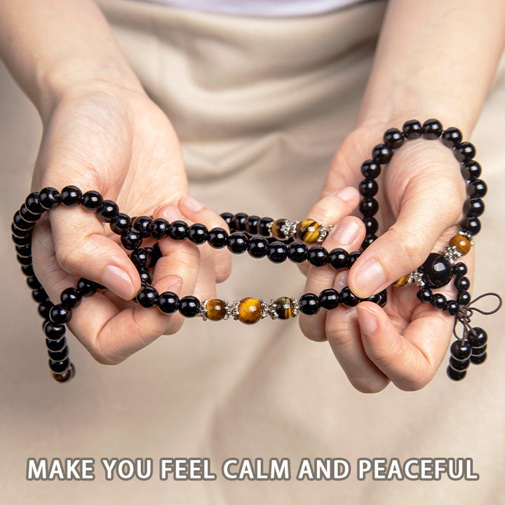 Bracelet Mala 108 perles en obsidienne noire naturelle œil de tigre Buddha Stones