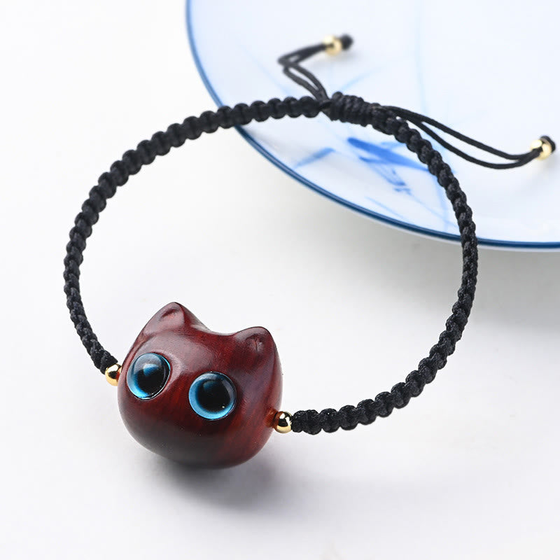 Bracelet tressé en bois de santal rouge et ébène avec petites feuilles et Buddha Stones, tête de chat mignonne, protection calme - Santal rouge à petites feuilles (Éloigne les mauvais esprits ♥ Protection) (Circonférence du poignet 14-16 cm) - image 1