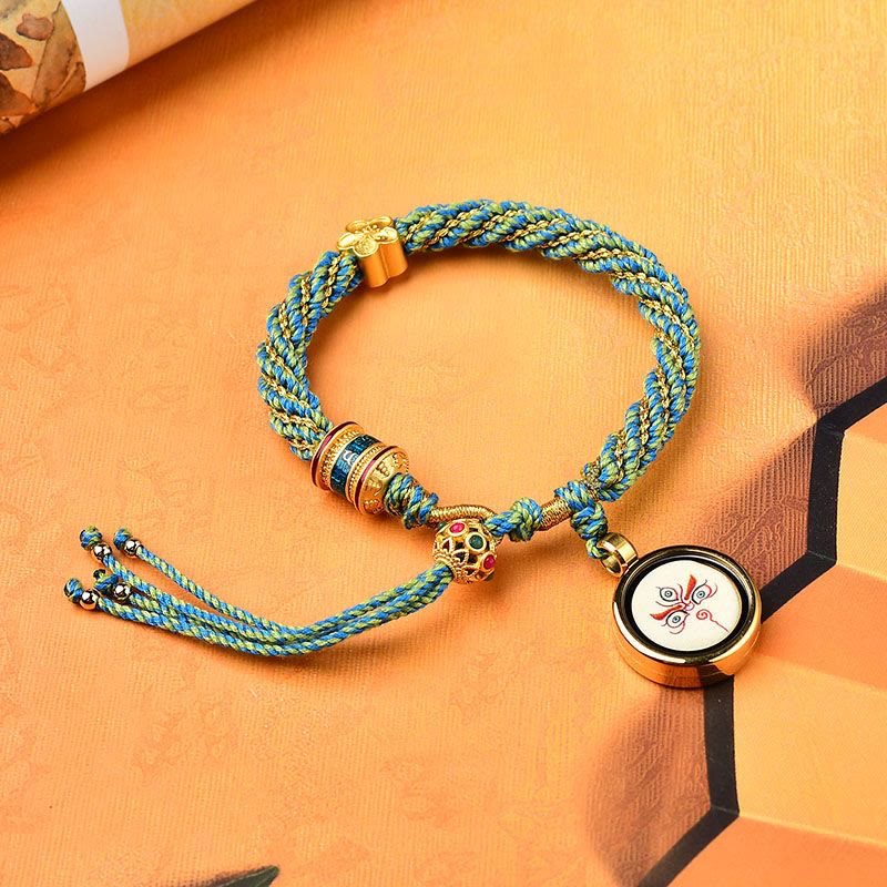 Bracelet en corde tissée avec breloque en forme de fleur et roue de prière en Buddha Stones faites à la main avec cinq dieux de la richesse et de la chance