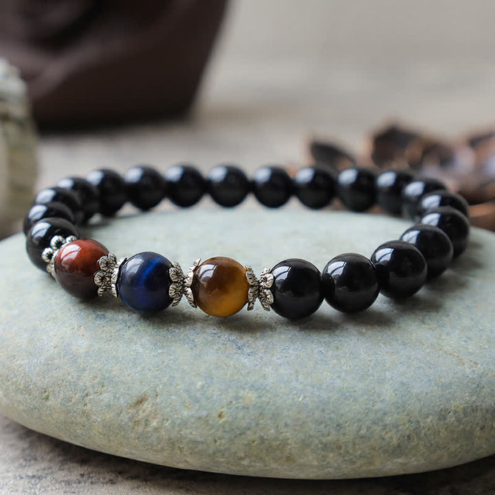 Bracelet de force en obsidienne noire naturelle et œil de tigre tricolore