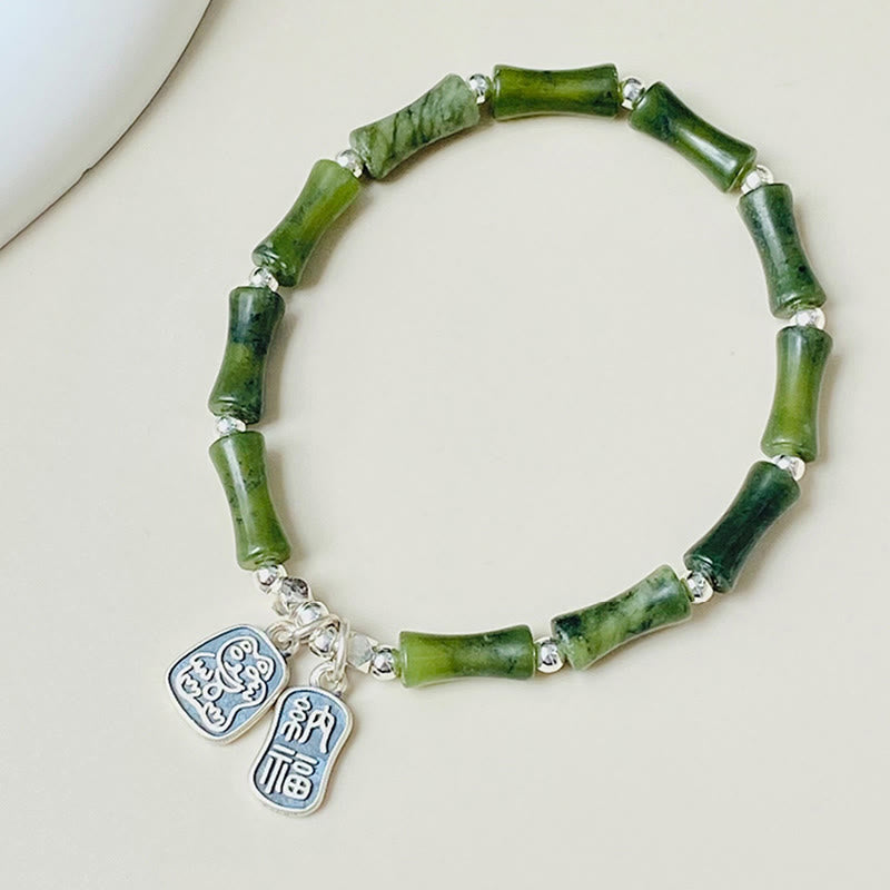 Bracelet en argent sterling 925 Buddha Stones et jade en bambou, chat porte-bonheur, personnage Fu, chance et abondance - image 2