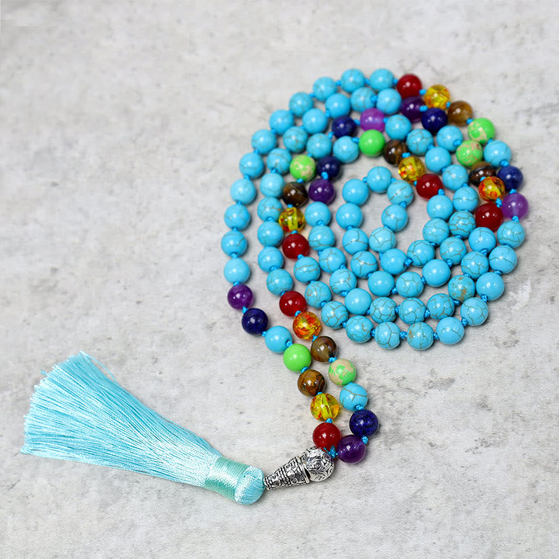 Collier de perles de prière de méditation et de yoga en perles turquoise de 108 Mala Buddha Stones