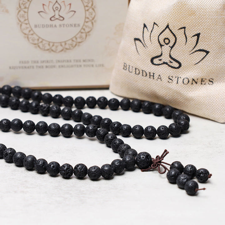 Collier Mala de prière avec 108 perles de pierre de lave naturelle de Buddha Stones