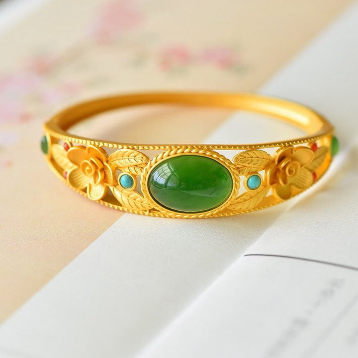 Bracelet jonc porte-bonheur en Buddha Stones, jade cyan, jade blanc, fleur, feuille