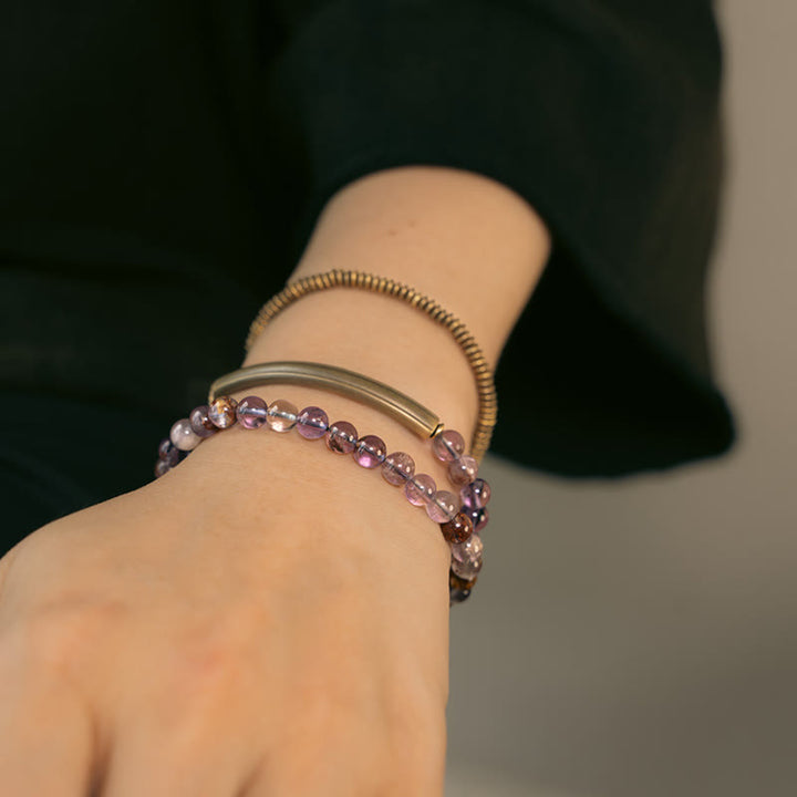 Bracelet en cuivre Love Forgive Buddha Stones quartz hématoïde rouge fantôme violet et quartz rutile vert