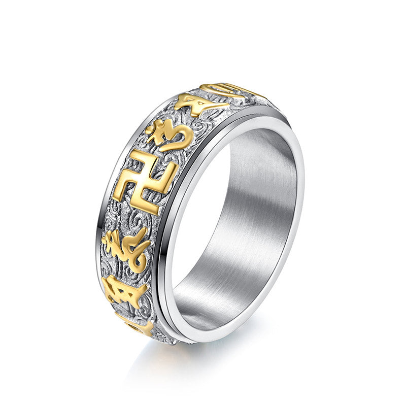 Bague en acier titane Buddha Stones Six True Words Équilibre Calme