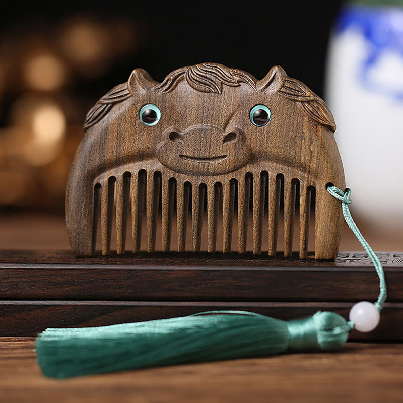 Mini peigne portable en bois de santal vert avec symbole du zodiaque chinois - Bois de Chacate Preto - Cheval - image 13