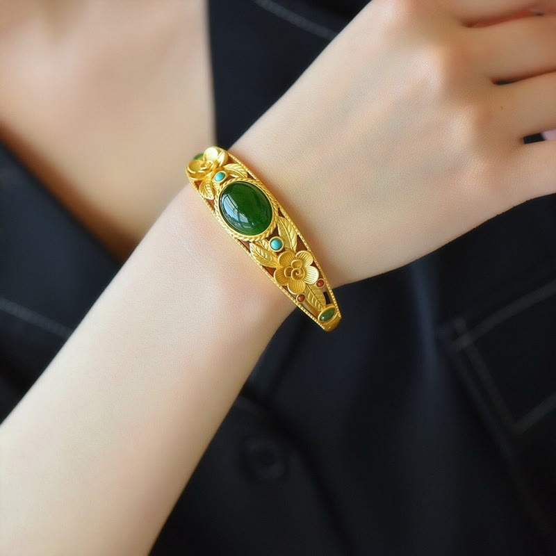 Bracelet jonc porte-bonheur en Buddha Stones, jade cyan, jade blanc, fleur, feuille