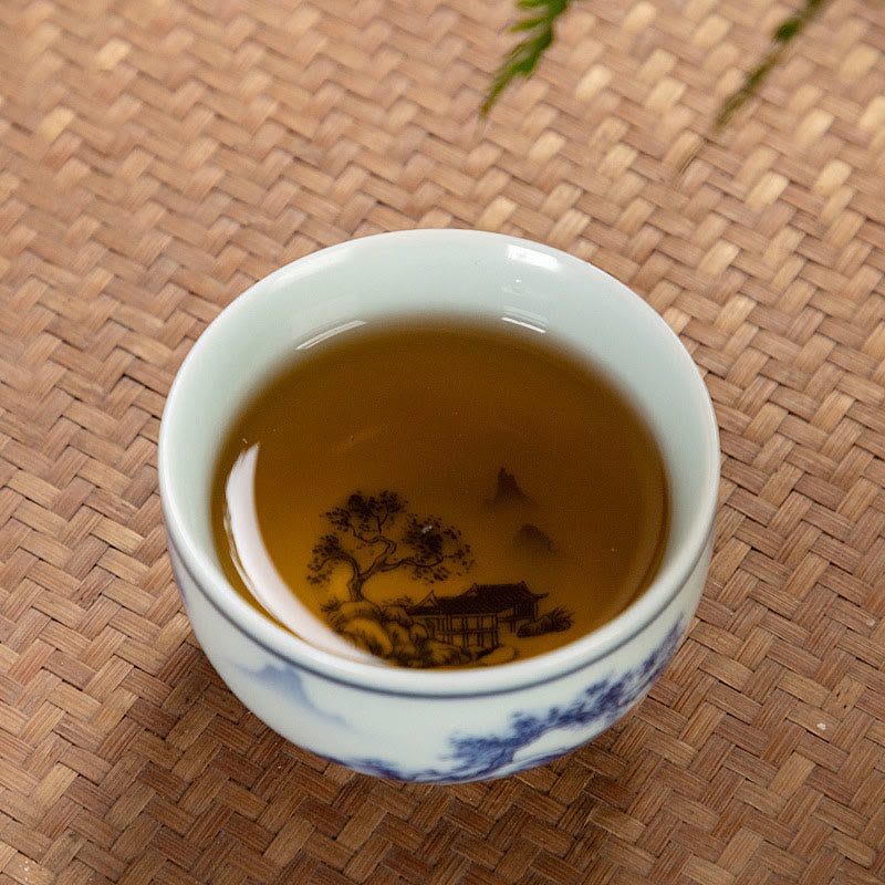 Buddha Stones Paysage bleu Montagnes Lotus Chat mignon Pavillons Magnolia Roseaux Aigrettes Tasse à thé en céramique Petite tasse à thé Kung Fu