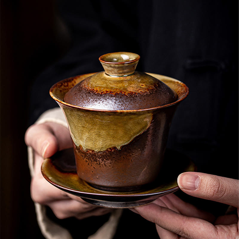 Buddha Stones Vintage Brown Kiln Change Design Porcelaine Céramique Gaiwan Sancai Tasse À Thé Kung Fu Tasse À Thé Et Soucoupe Avec Couvercle