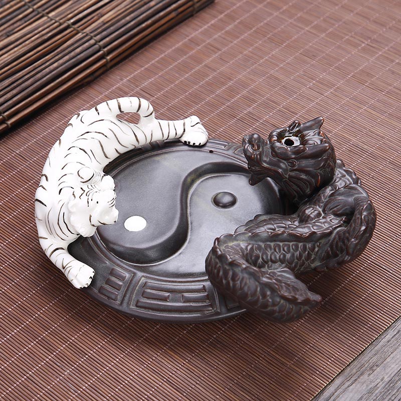 Fontaine à fumée à refoulement en Buddha Stones, tigre et dragon, en céramique, brûleur d'encens à bénédiction Yin Yang, décoration