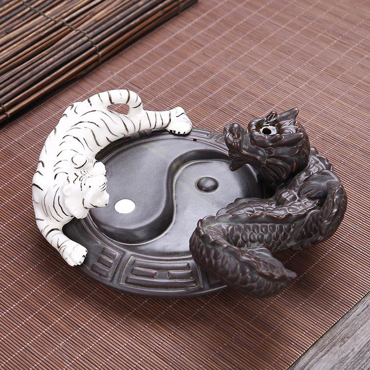 Fontaine à fumée à refoulement en Buddha Stones, tigre et dragon, en céramique, brûleur d'encens à bénédiction Yin Yang, décoration
