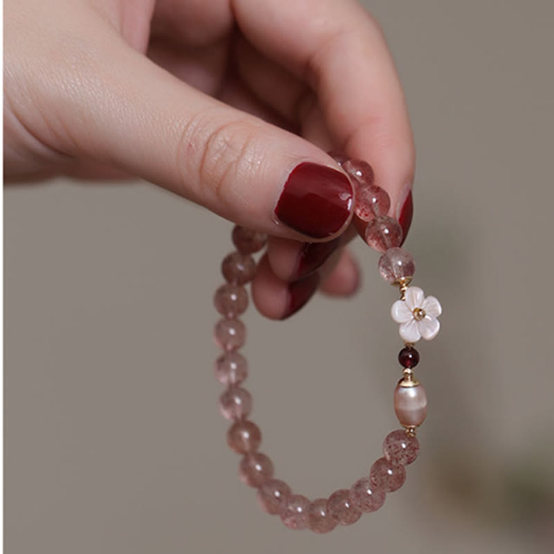 Bracelet d'amour en quartz fraise et fleur de pêcher Buddha Stones