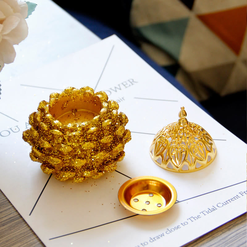 Mini brûleur d'encens à motif de pomme de pin doré pour rituels spirituels, décoration de table pour la maison