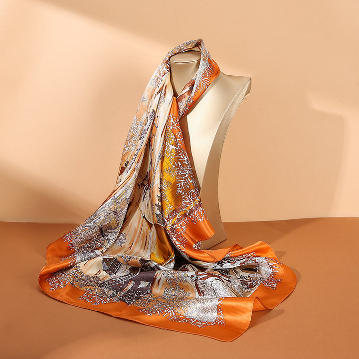 Foulard pour cheveux en soie de mûrier 100 % Buddha Stones et peinture à l'huile sur la ville, scène de neige, château, lotus