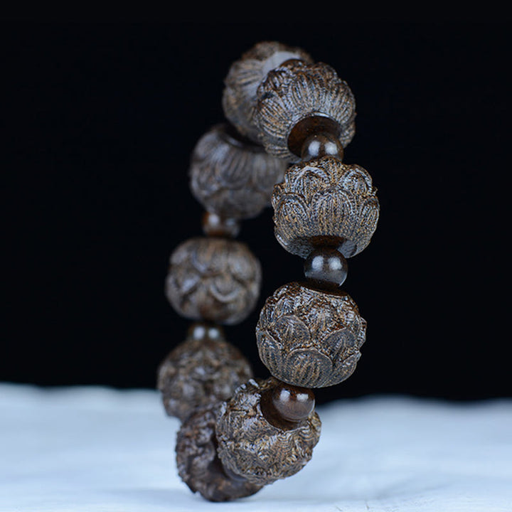 Bracelet d'équilibre gravé en bois d'ébène avec Buddha Stones et dragon de lotus des dix-huit arhats