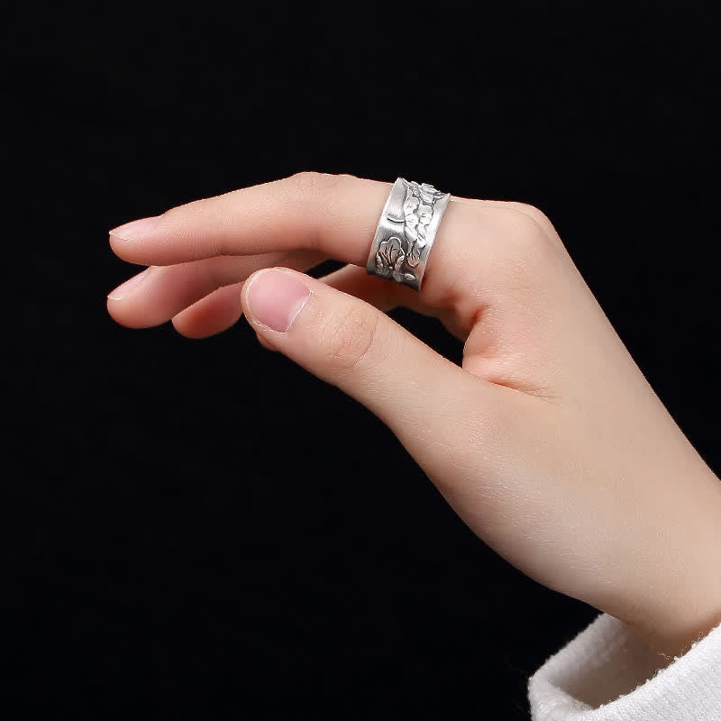 Bague porte-bonheur en argent sterling 999 Buddha Stones et poisson Koi, lotus, cœur, Sutra de la richesse