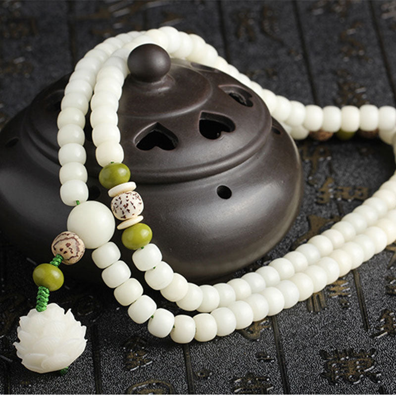Buddha Stones Jade blanc Bodhi Lotus Mala Collier Harmonie Bracelet - image 21