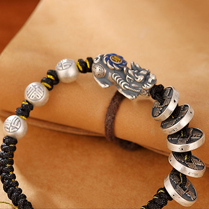Bracelet tressé en argent sterling 999 Buddha Stones FengShui PiXiu et pièce de cuivre Fu Character Wealth