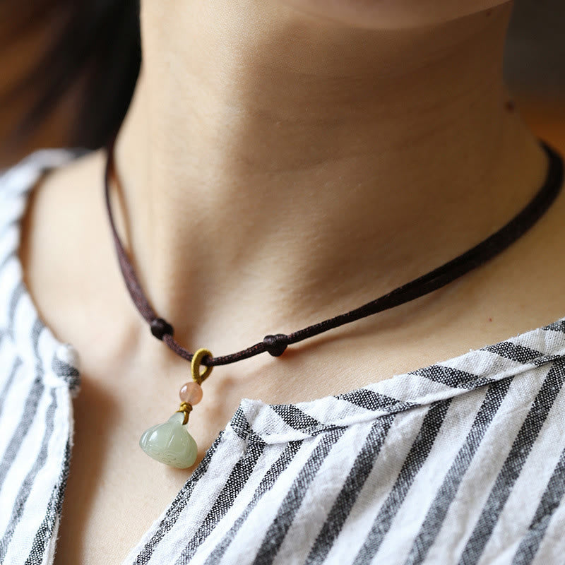 Collier avec pendentif en jade rond naturel et Buddha Stones, boucle de paix, lotus d'abondance - Brun - Lotus - image 13