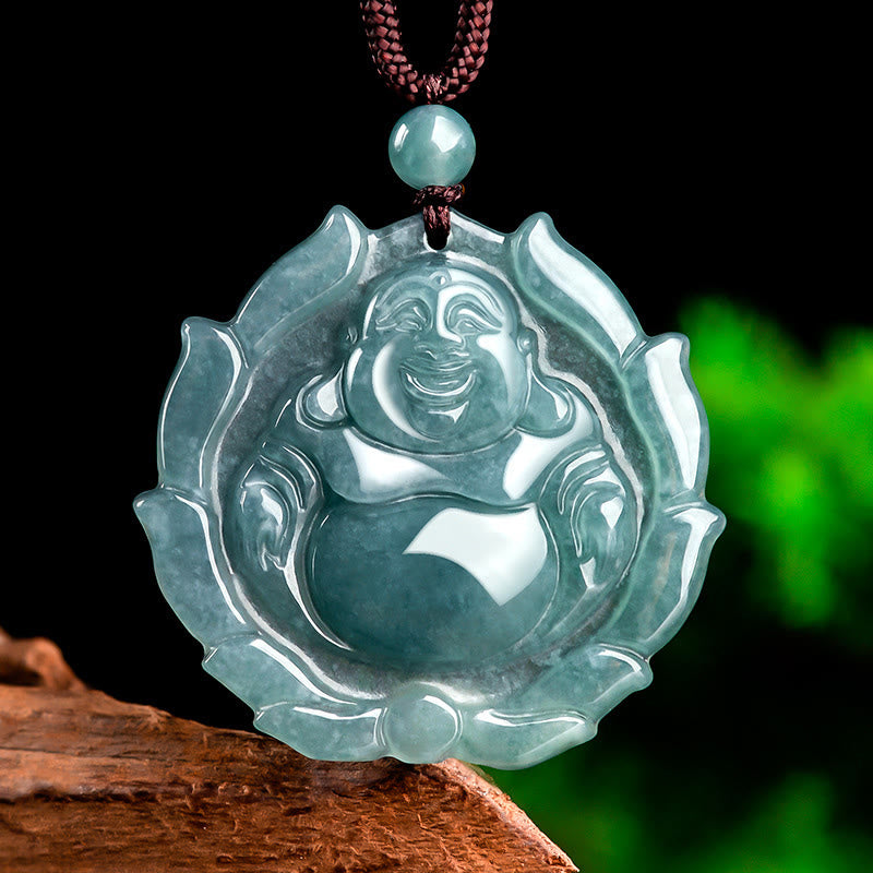 Buddha Stones pendentif porte-bonheur en jade naturel avec motif de lotus et de Bouddha rieur - Bouddha rieur (Bonheur ♥ Richesse) - image 1