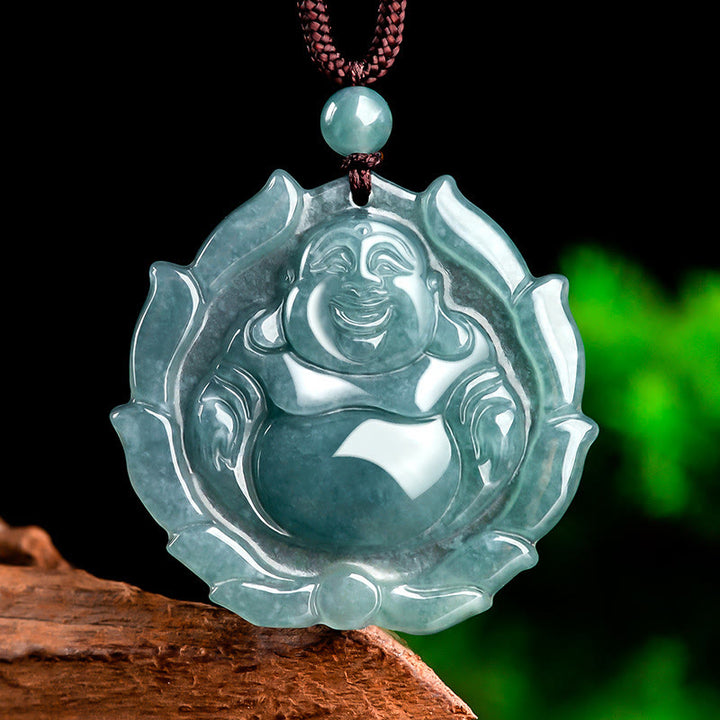 Buddha Stones pendentif porte-bonheur en jade naturel avec motif de lotus et de Bouddha rieur - Bouddha rieur (Bonheur ♥ Richesse) - image 1