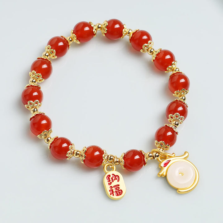 Bracelet porte-bonheur avec boucle de paix et personnage Fu en agate rouge et aventurine verte de l'année du Buddha Stones