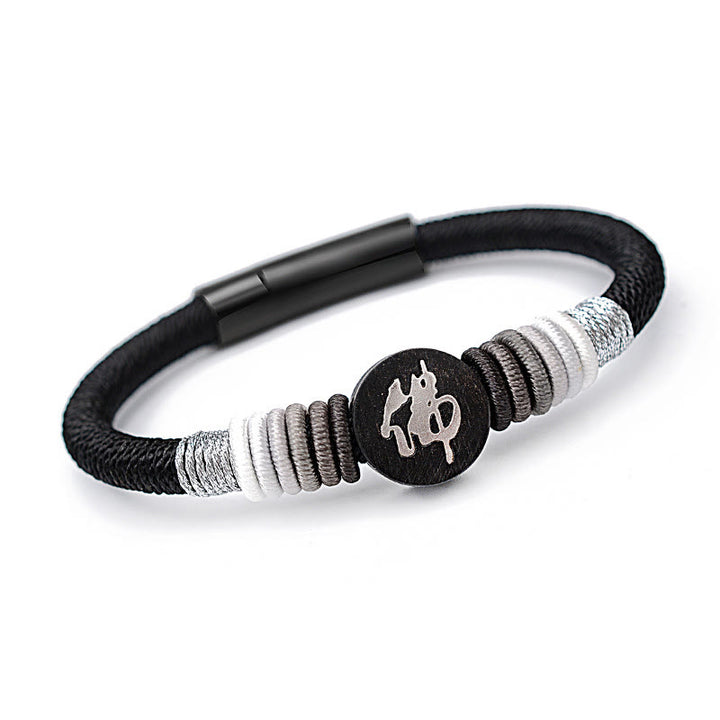 Bracelet en corde fait main en ébène avec personnage de Bouddha de Buddha Stones