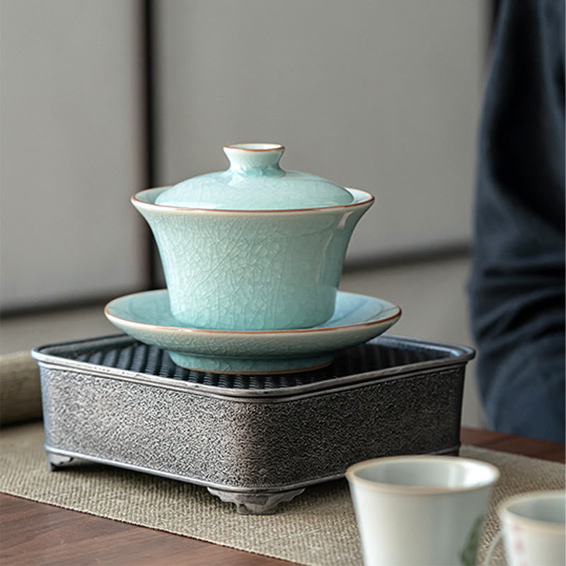 Tasse à thé et soucoupe en céramique avec couvercle en forme de Buddha Stones, style rétro, vert glacé, Gaiwan, Sancai