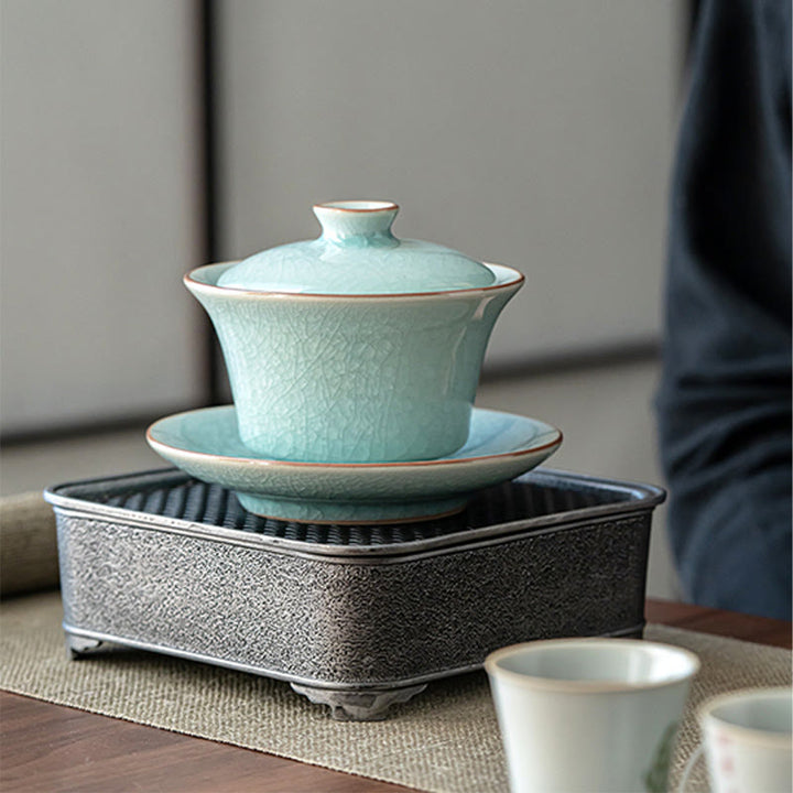Tasse à thé et soucoupe en céramique avec couvercle en forme de Buddha Stones, style rétro, vert glacé, Gaiwan, Sancai