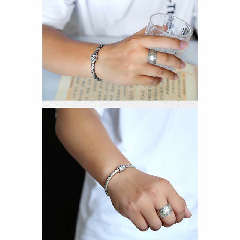 Bracelet de créativité gravé en argent sterling 990 Buddha Stones et nuages de bon augure tibétains Om Mani Padme Hum