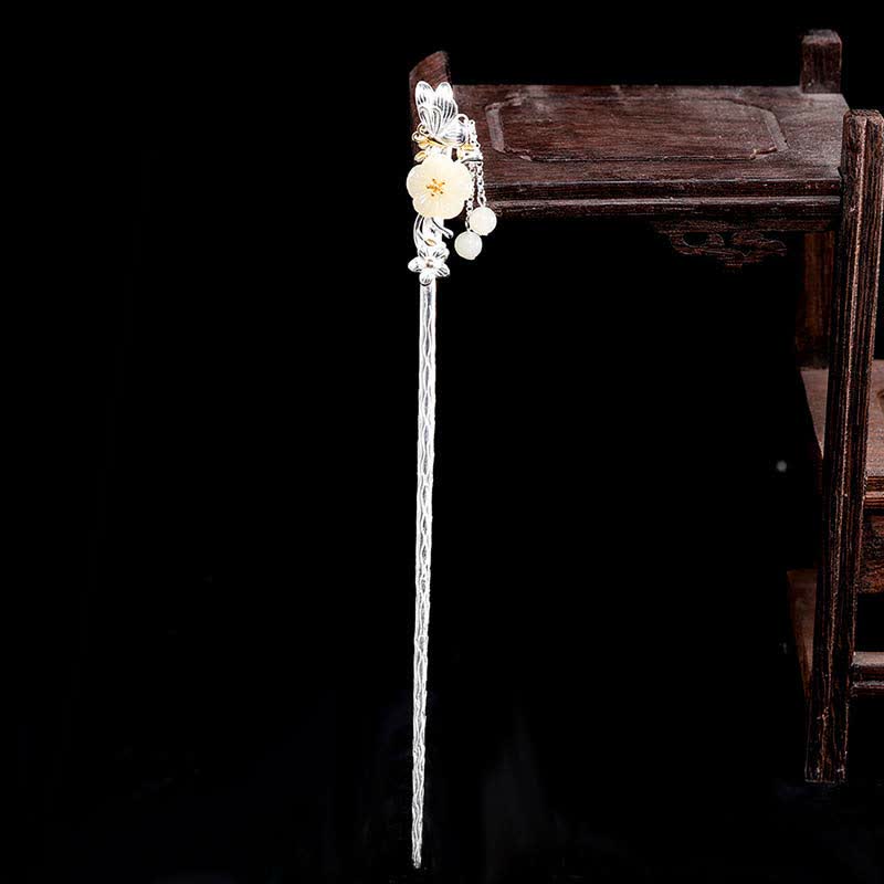 Épingle à cheveux en argent sterling 925 avec fleur de jade blanc Hetian