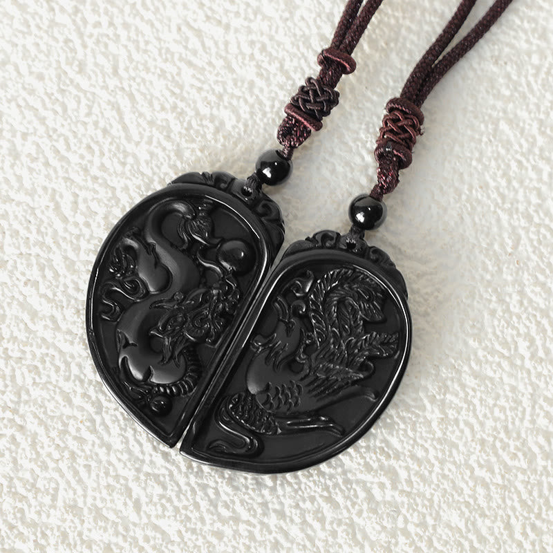 Collier pendentif de protection Dragon Phoenix en obsidienne noire avec Buddha Stones - image 6