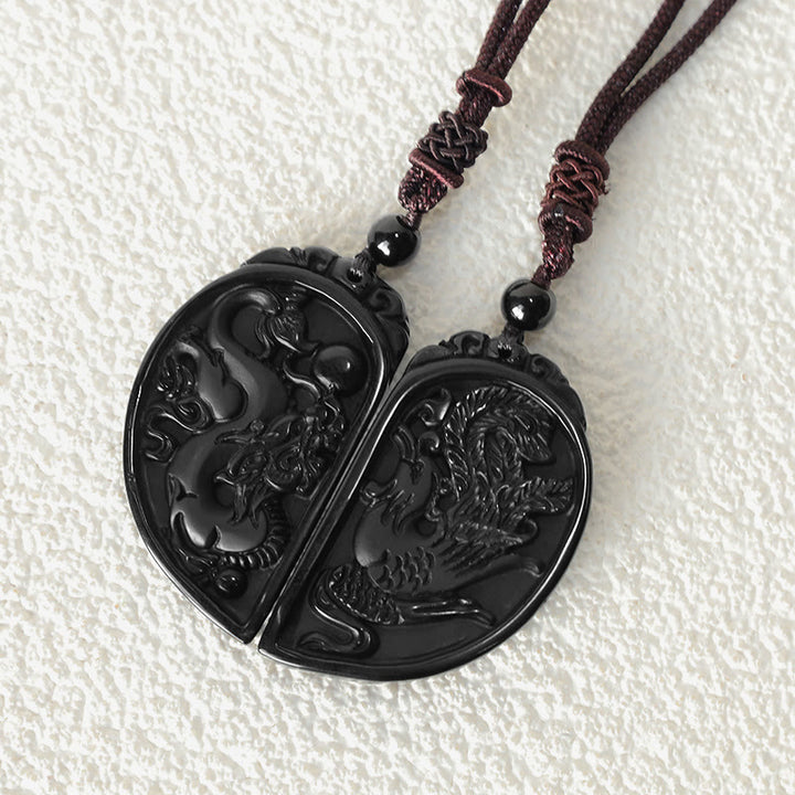 Collier pendentif de protection Dragon Phoenix en obsidienne noire avec Buddha Stones - image 6
