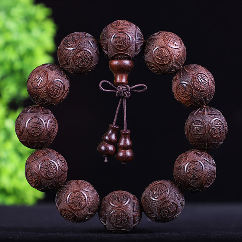Bracelet de chaleur sculpté PiXiu en bois de rose, ébène, pièce de cuivre et Buddha Stones, signe du zodiaque chinois