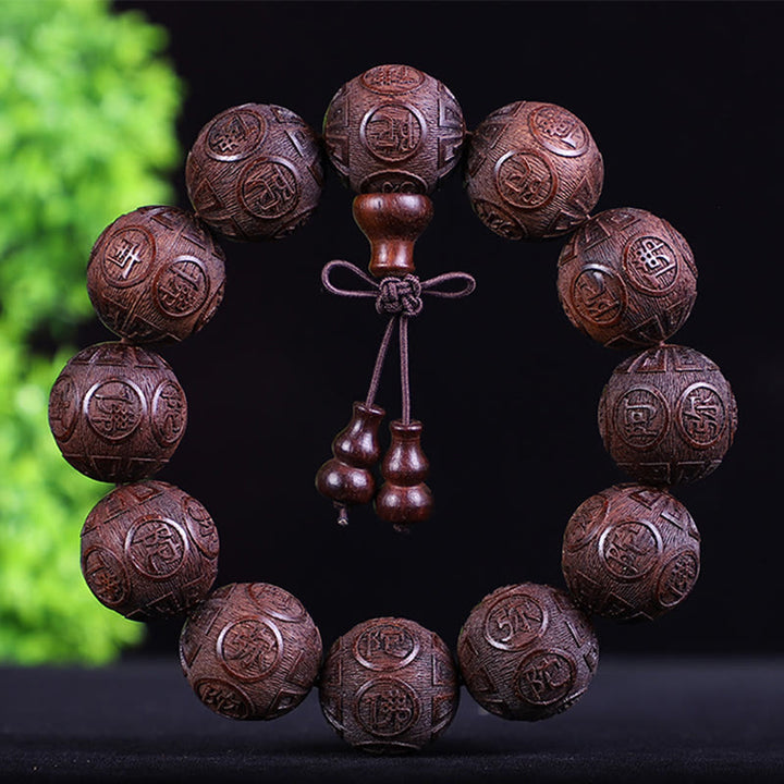 Bracelet de chaleur sculpté PiXiu en bois de rose, ébène, pièce de cuivre et Buddha Stones, signe du zodiaque chinois