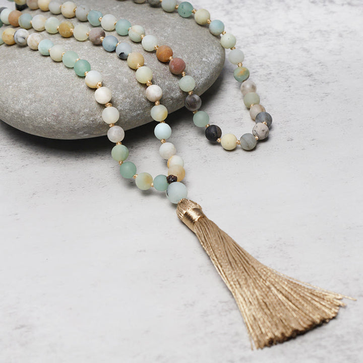 Bracelet Mala à pampilles en 108 perles d'amazonite de Buddha Stones