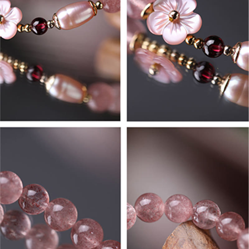 Bracelet d'amour en quartz fraise et fleur de pêcher Buddha Stones