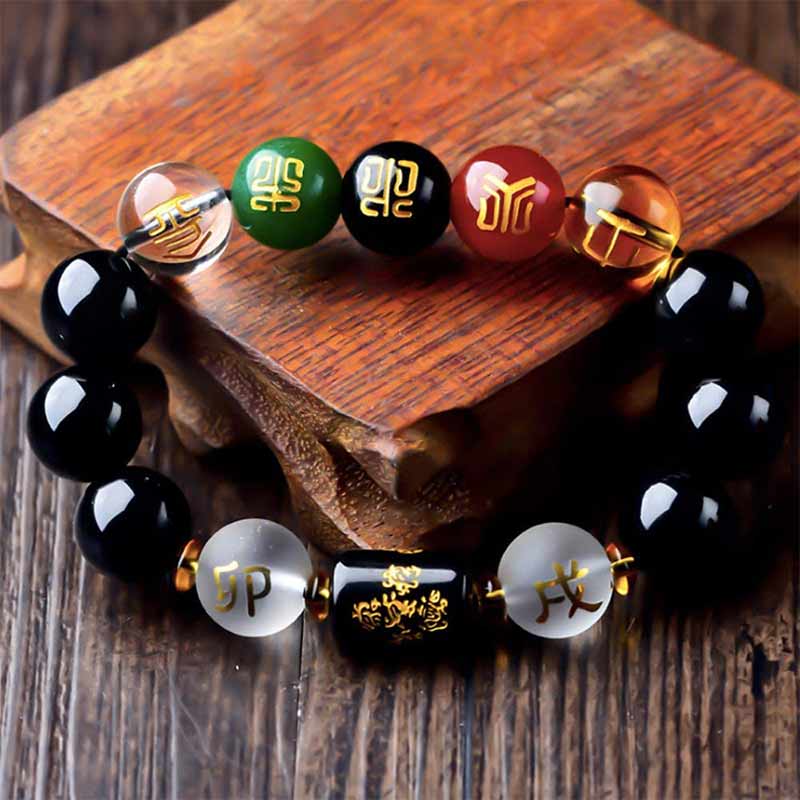 Buddha Stones Zodiaque chinois Feng Shui Obsidienne Bracelet de richesse à cinq éléments