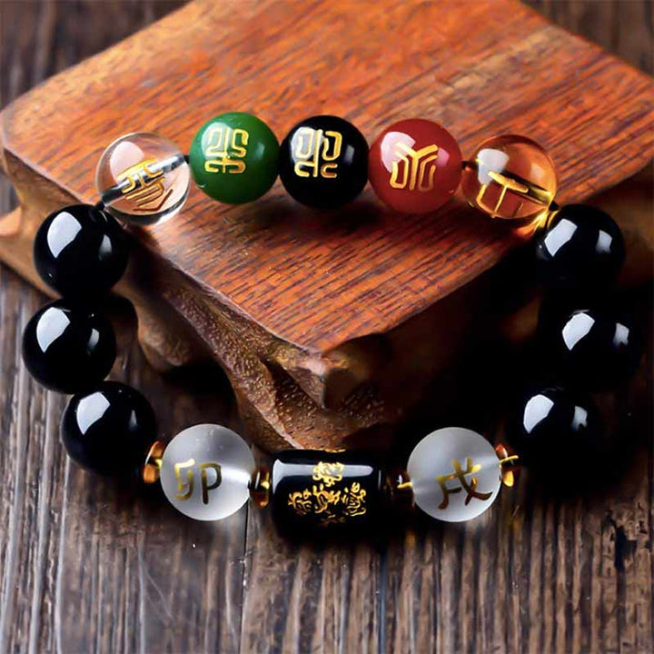 Buddha Stones Zodiaque chinois Feng Shui Obsidienne Bracelet de richesse à cinq éléments