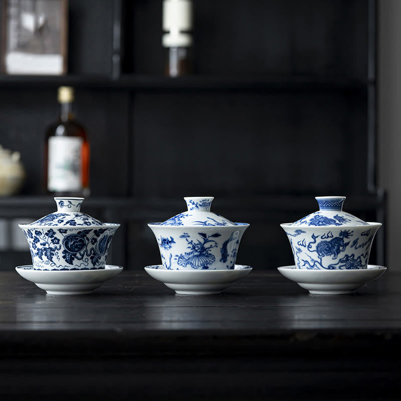 Buddha Stones Porcelaine Bleue et Blanche Lotus Koi Poisson Danse du Lion Pastèque Céramique Gaiwan Sancai Tasse à Thé Kung Fu Tasse à Thé Et Soucoupe Avec Couvercle 300 ml