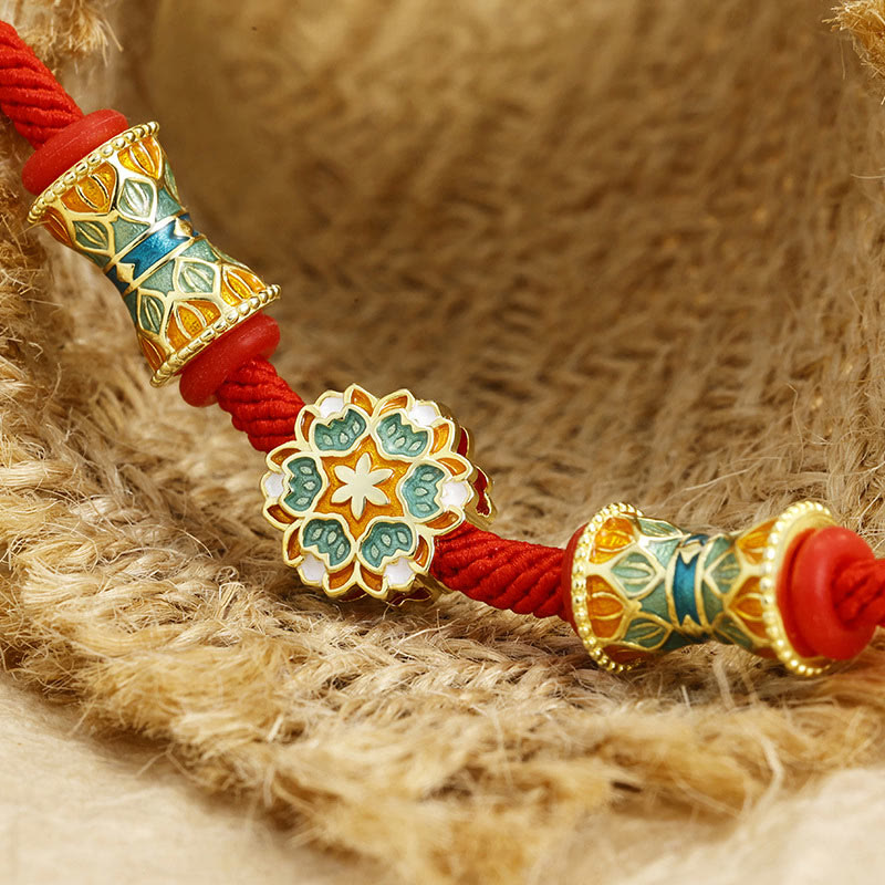 Bracelet en corde rouge en argent sterling 925 avec motif tambour de lotus de Buddha Stones Dunhuang