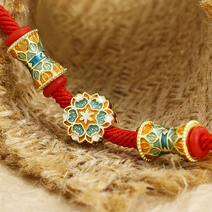 Bracelet en corde rouge en argent sterling 925 avec motif tambour de lotus de Buddha Stones Dunhuang