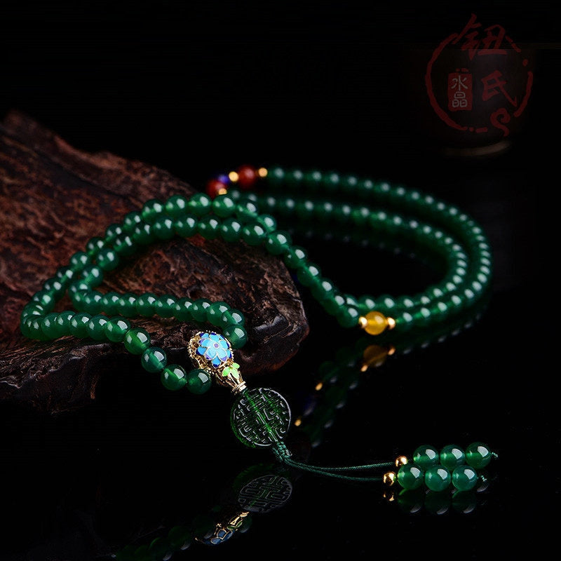 Bracelet de soutien énergétique en agate verte naturelle avec 108 perles Mala Buddha Stones