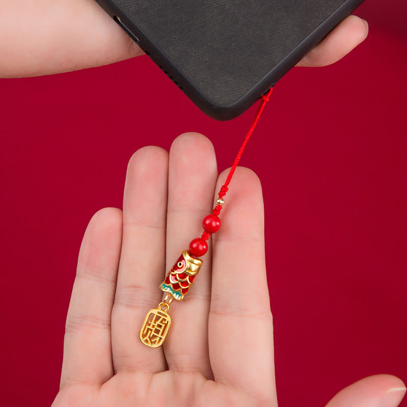 Buddha Stones Poisson Koi Cinabre Attirant la Richesse Souhait Ruyi Charme Chance Téléphone Décoration Suspendue