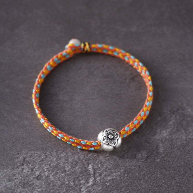 Bracelet tressé multicolore en argent sterling 999 avec pierre porte-bonheur Kaki de Buddha Stones