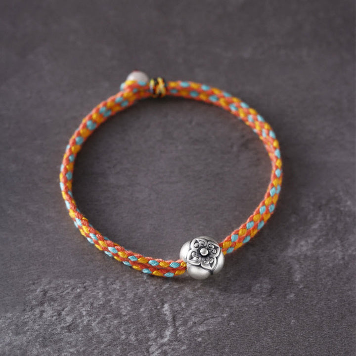Bracelet tressé multicolore en argent sterling 999 avec pierre porte-bonheur Kaki de Buddha Stones