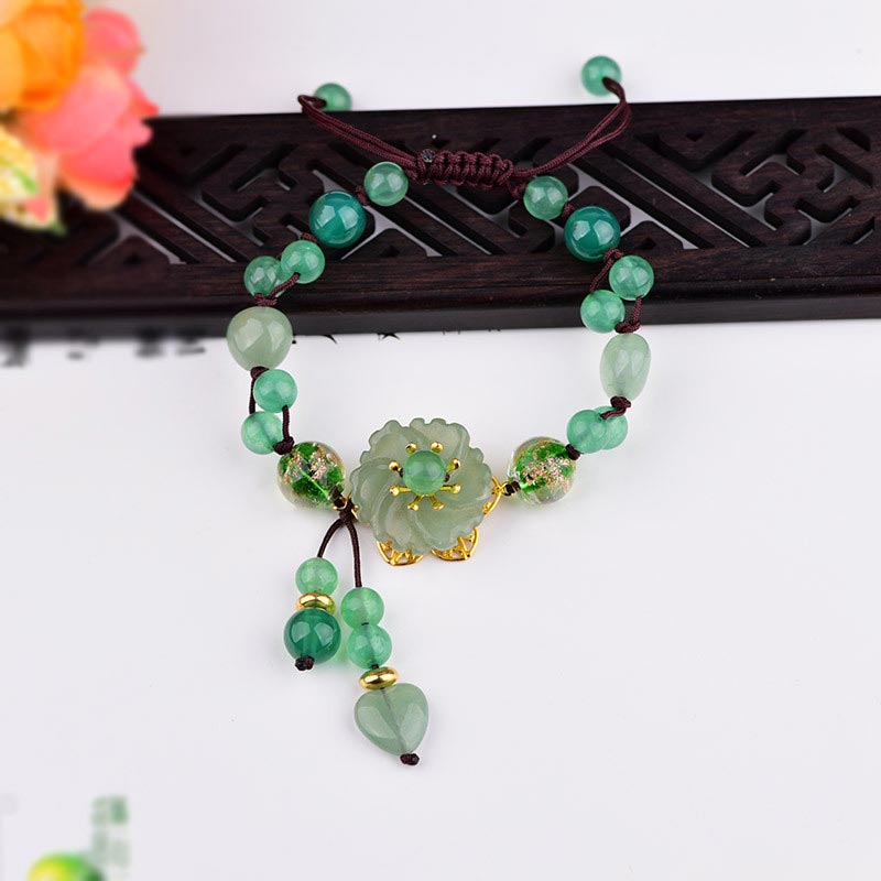 Bracelet porte-bonheur en jade vert naturel Buddha Stones et fleur pendante